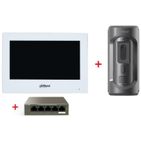 Dahua brand intercom kit with 7 inch colour monitor in white case + charcoal surface mount video doorphone + PoE network switch