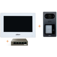 *Dahua brand intercom kit with 7 inch colour monitor in white case + charcoal surface mount video doorphone + PoE network switch