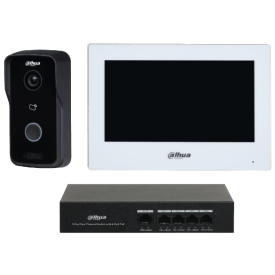 Dahua IP Intercom with white monitor, charcol surface mount doorphone, PoE network Switch