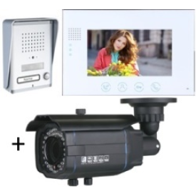 Classic 4-wire, surface mount video doorphone + 7 inch white intercom monitor + Outside Bullet Camera