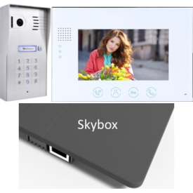 Classic 4-wire, surface mount video doorphone & keypad + 7 inch white intercom monitor + skybox