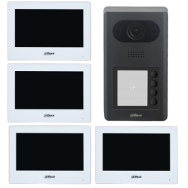 Dahua IP apartment intercom system with 4 white intercom monitors + door phone with 4 call buttons